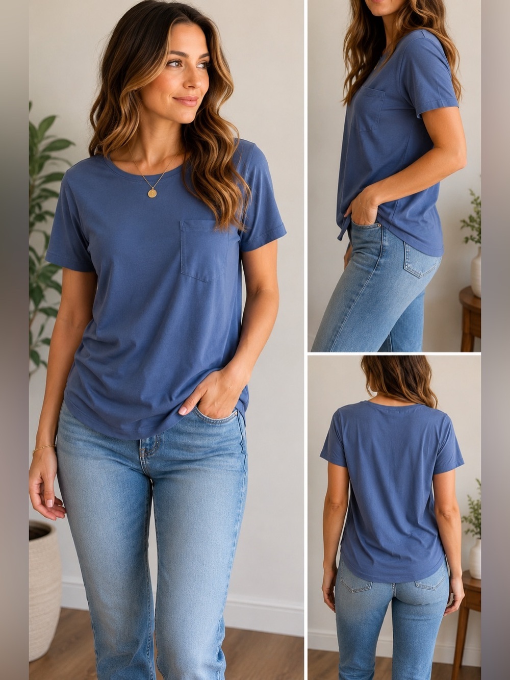 Jacqueline de Yong Blue Crew Neck Pocket Tee XL | Soft Stretch Short Sleeve